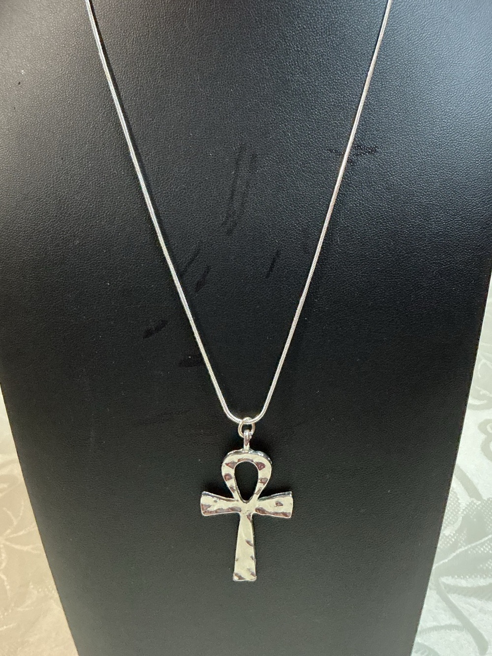 Ankh Hammered Silver Tone Pendant Necklace